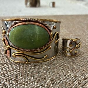 Elegant Green Stone Cuff and Ring Set